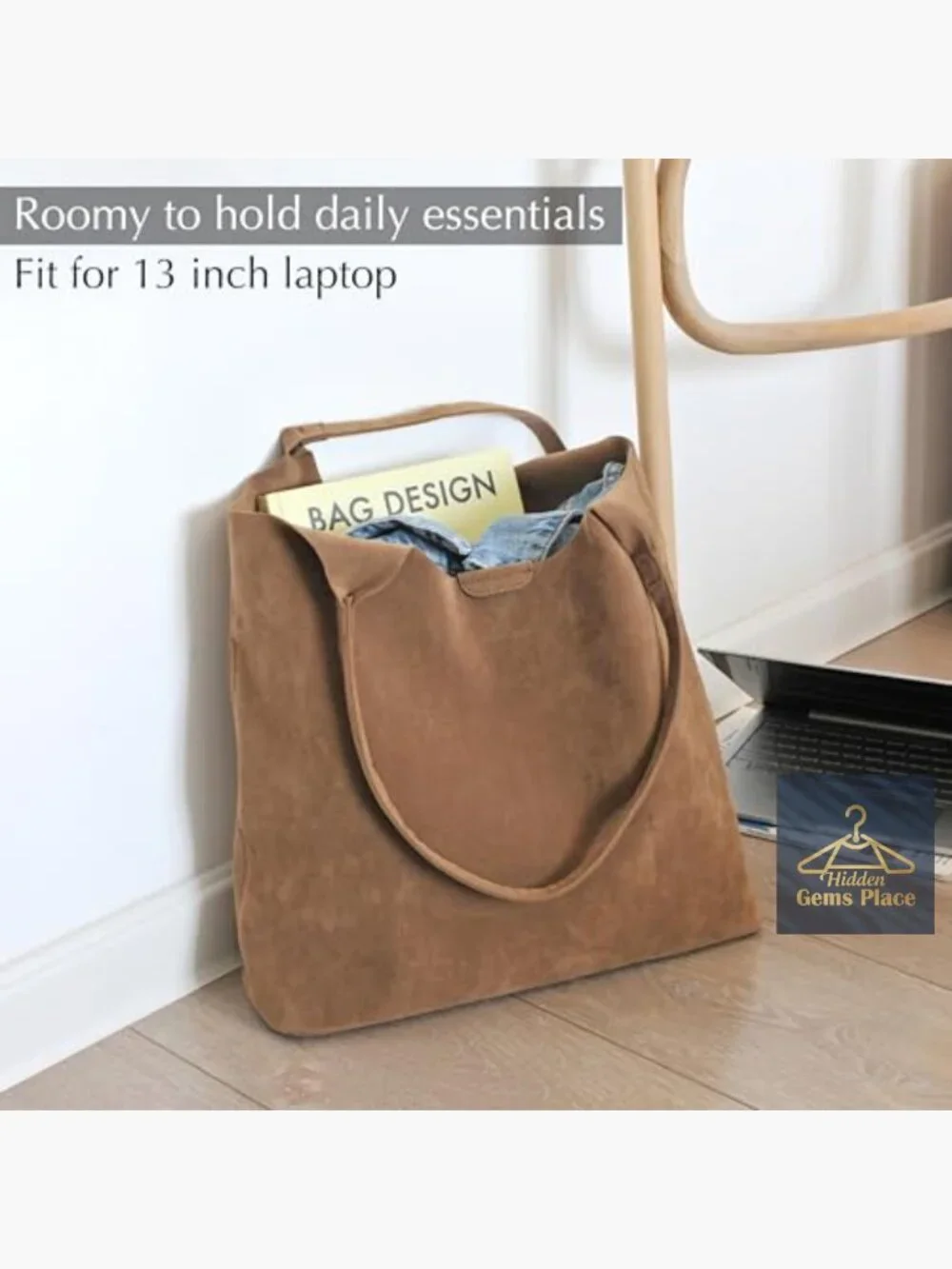 Faux Suede Hobo Tote Bag with Magnetic Closure - Soft Vegan Leather Handbag